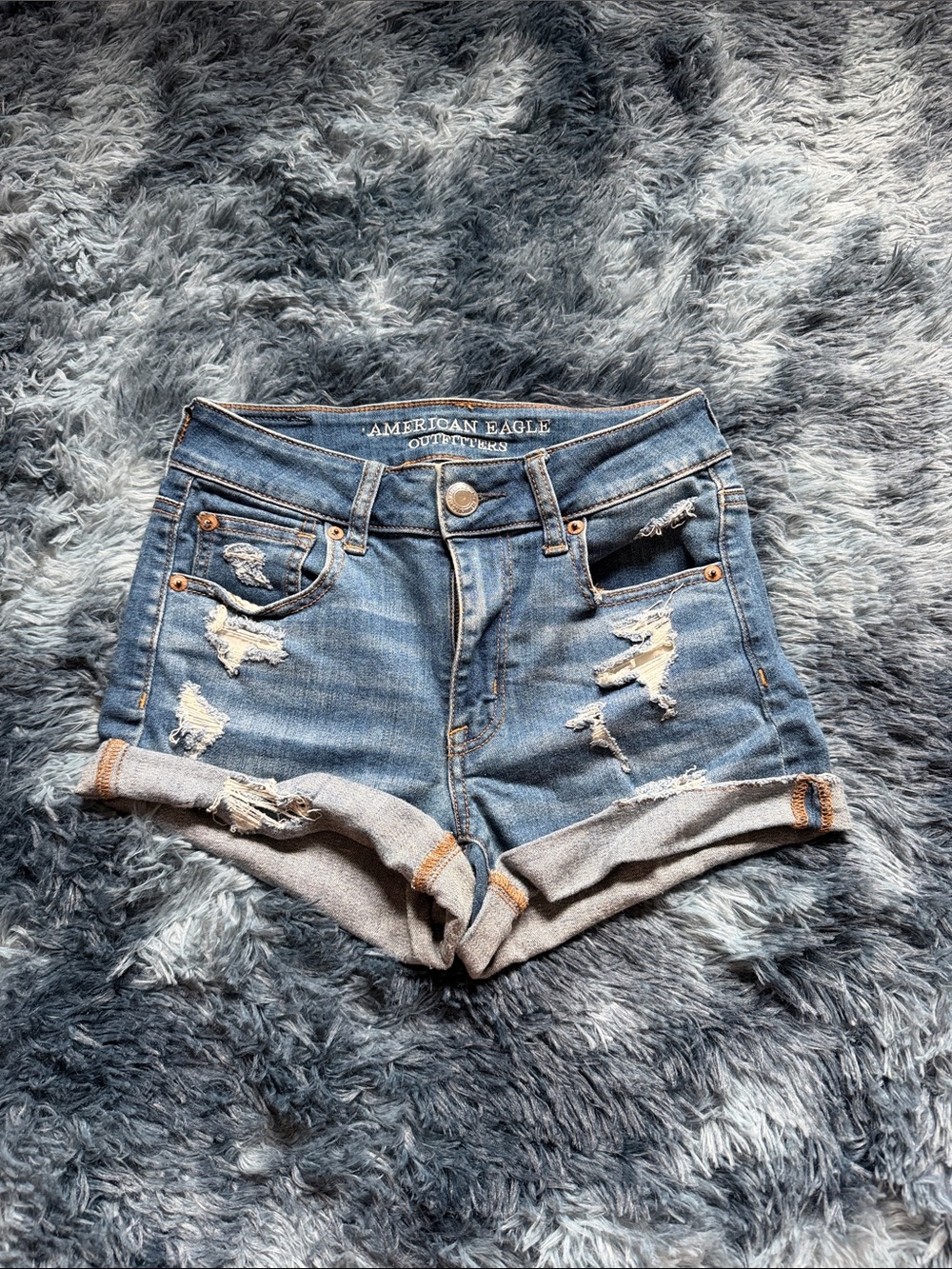 American Eagle Outfitters Light Blue Distressed Rolled Hem Jean Shorts